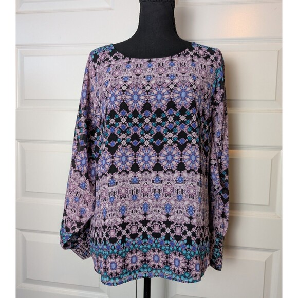 Jennifer Lopez Size M Blouse Geometric Slit Sleeves Jeweled Boho Chic Flowy - Picture 2 of 9